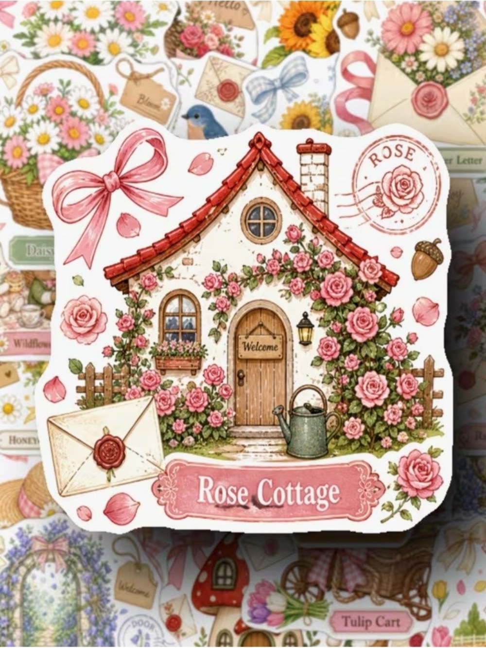 50 Cottage Floral Stickers Cute Animals Sweets Picnic Windmill Mushroom Baskets